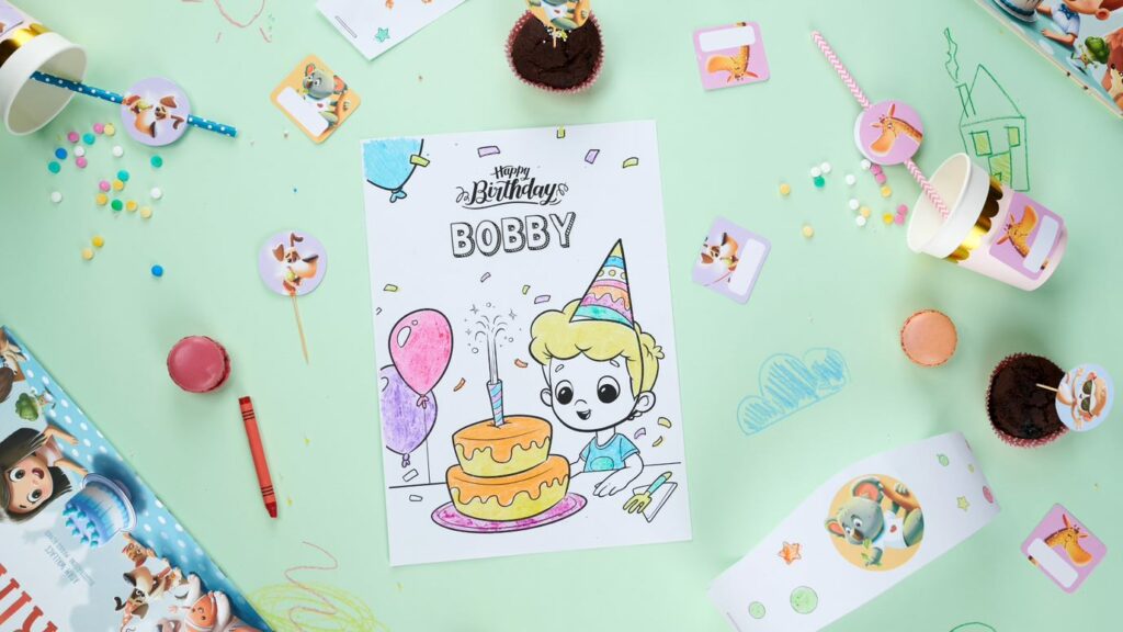 Personalized kids happy birthday colouring pages.